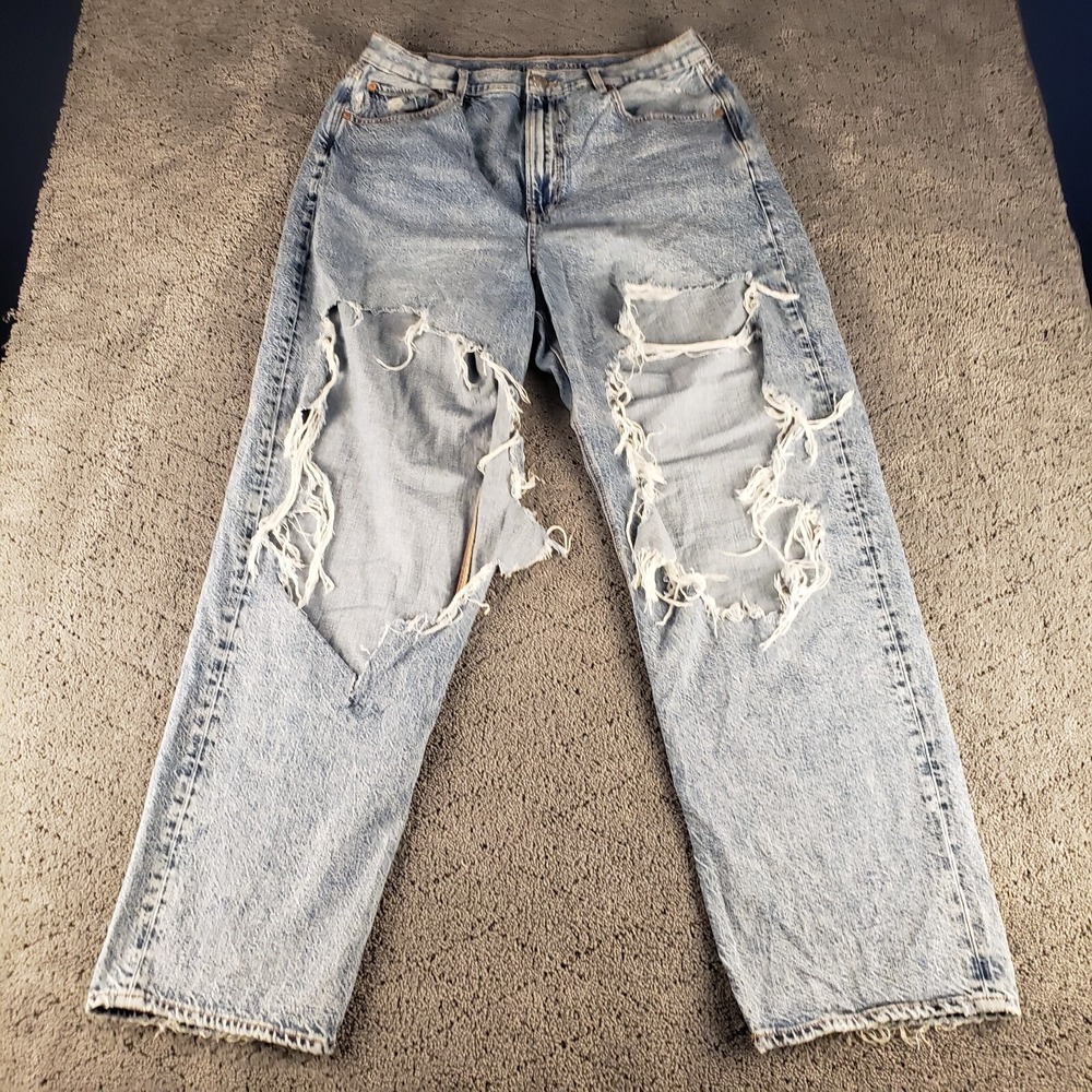 American Eagle Jeans Womens 14 Blue Baggy Wide Leg Distressed Stretch Denim